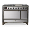 ILVE Majestic III 48-inch Dual Fuel Range with 5 Natural Gas Burner, Griddle and Solid Door Electric Oven in Stainless Steel with Burnished Trim (UM48FQNR3SSB)