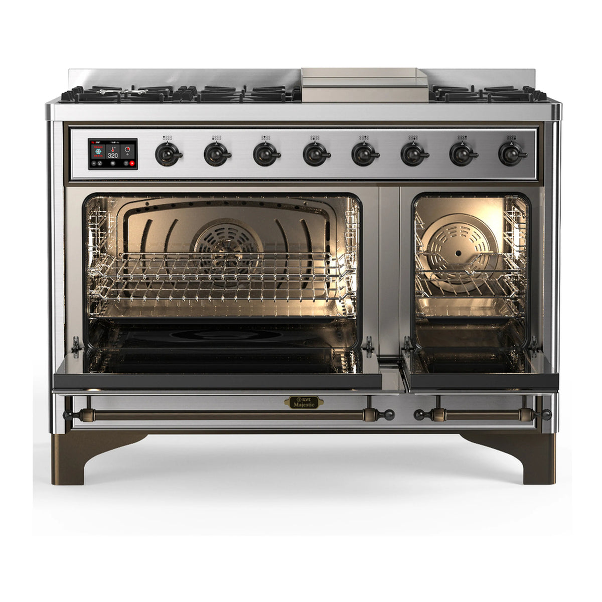 Stainless dual fuel range with open oven doors and front control panel