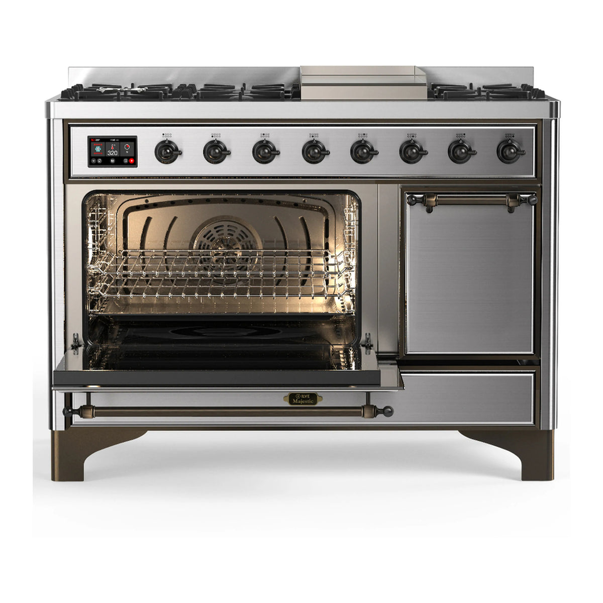 Stainless dual fuel range with one oven door open and griddle area closed
