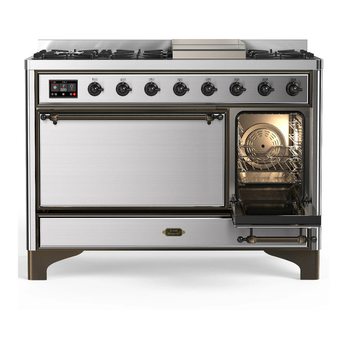 Stainless dual fuel range with both ovens closed and right oven door open