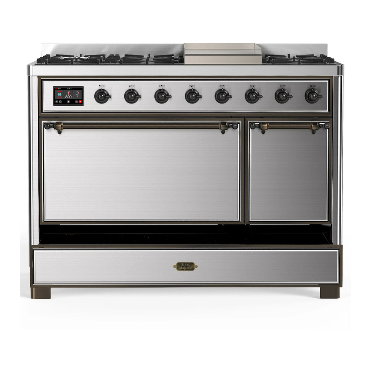 Stainless dual fuel range with front oven doors closed and griddle section