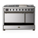 ILVE Majestic III 48-inch Dual Fuel Range with 5 Natural Gas Burner, Griddle and Solid Door Electric Oven in Stainless Steel with Burnished Trim (UM48FQNR3SSB)