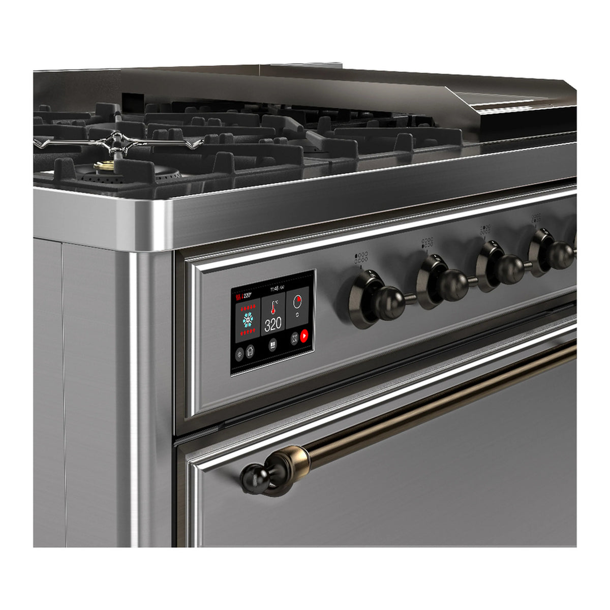 Stainless dual fuel range control panel with knob controls and digital display