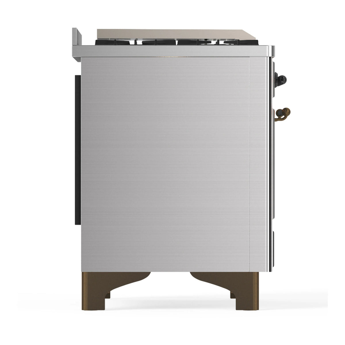 Stainless dual fuel range side exterior with brushed panels and handle hardware