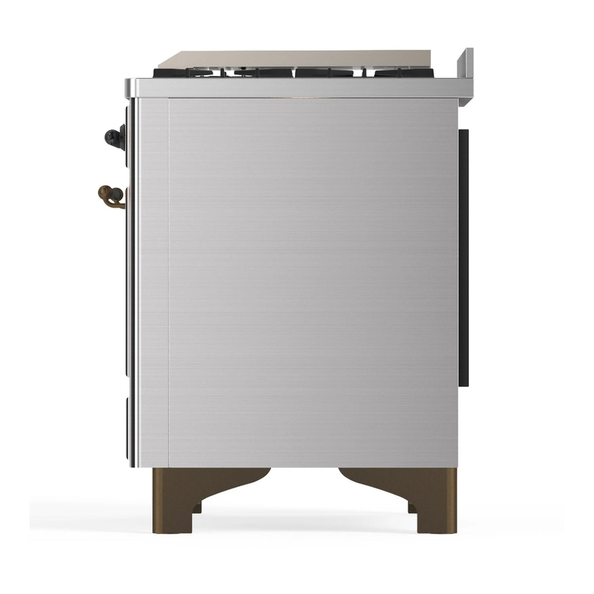 Stainless dual fuel range rear exterior side view with brushed panels and feet
