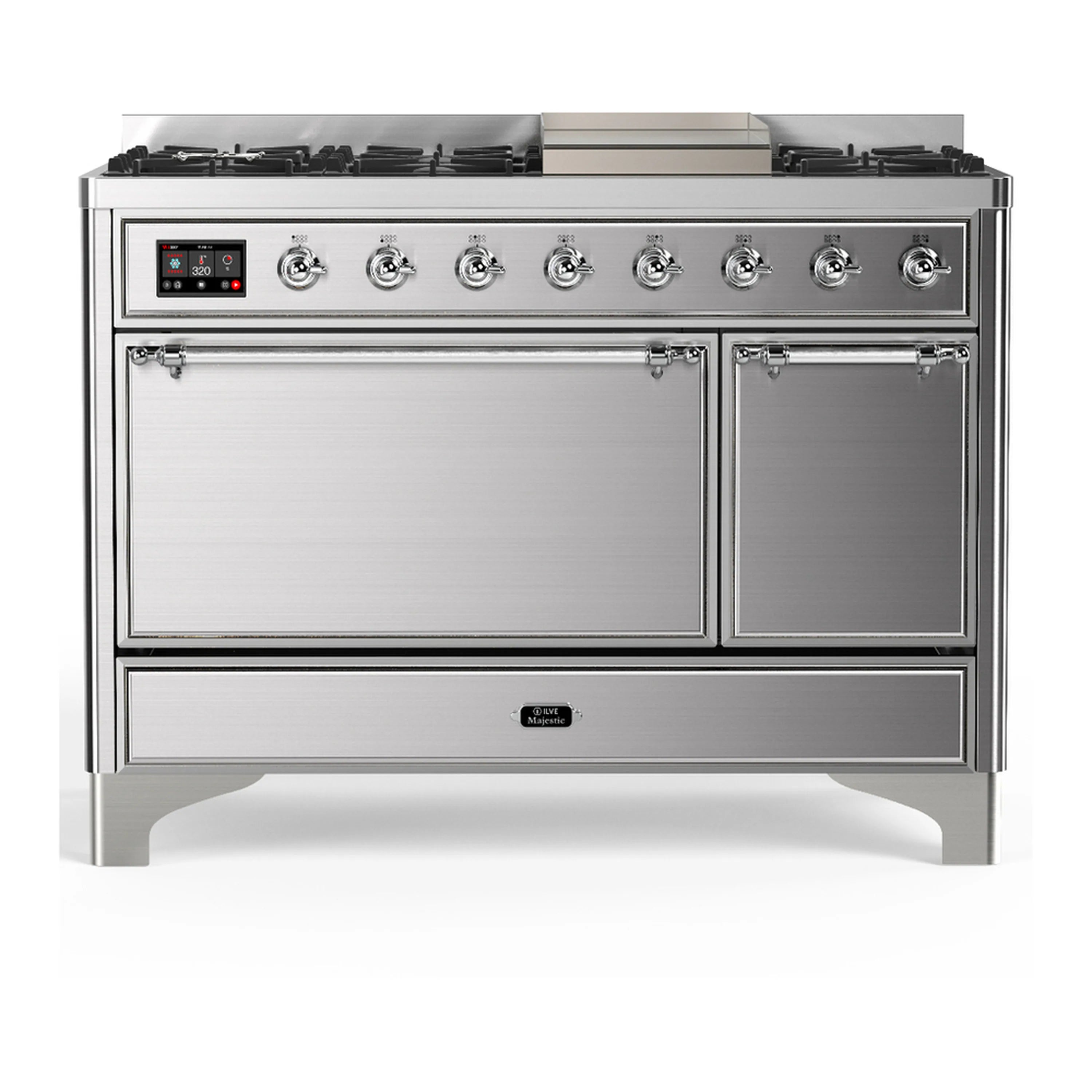 Stainless dual fuel range front view with two doors and control knobs above