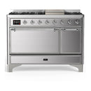 ILVE Majestic III 48-inch Dual Fuel Range with 5 Liquid Propane Burner, Griddle and Solid Door Electric Oven in Stainless Steel with Chrome Trim (UM48FQNR3SSCLP)