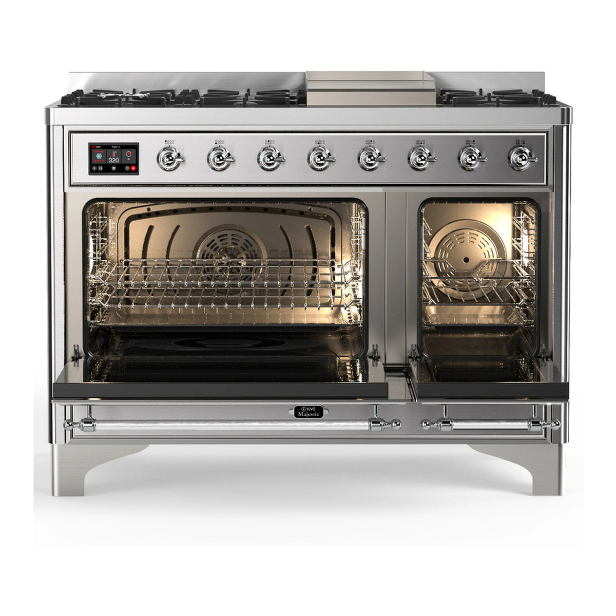 Stainless dual fuel range with open ovens and control panel across the front
