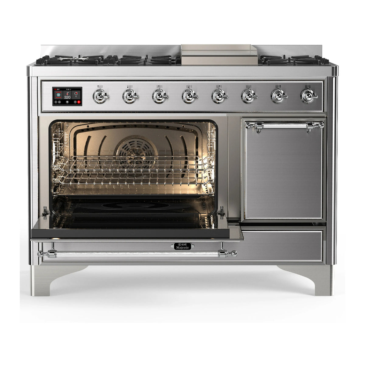 Stainless steel dual fuel range with oven door open showing interior racks and burners