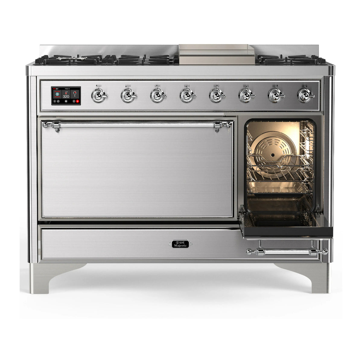 Stainless steel dual fuel range with closed oven door and open-side view of interior