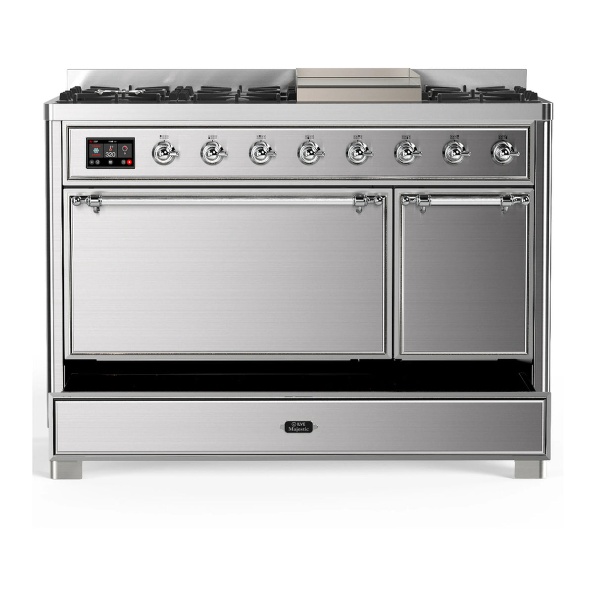 Stainless dual fuel range with two front doors and control knobs on cooktop panel