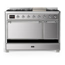 ILVE Majestic III 48-inch Dual Fuel Range with 5 Natural Gas Burner, Griddle and Solid Door Electric Oven in Stainless Steel with Chrome Trim (UM48FQNR3SSC)