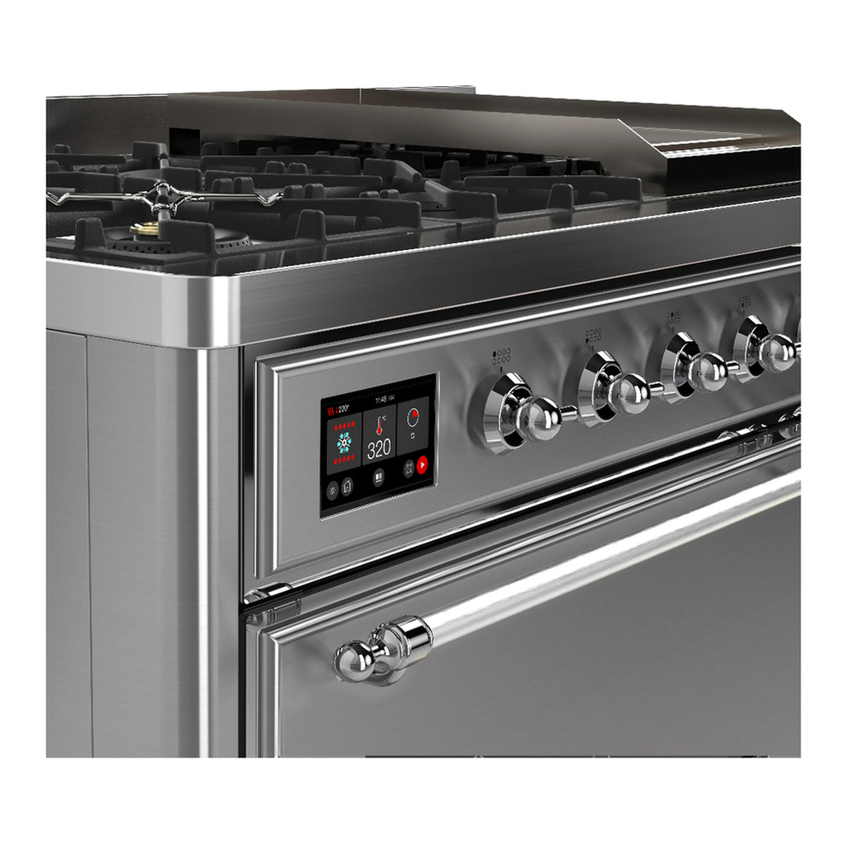 Dual fuel range control panel with knobs, digital display, and stainless side trim