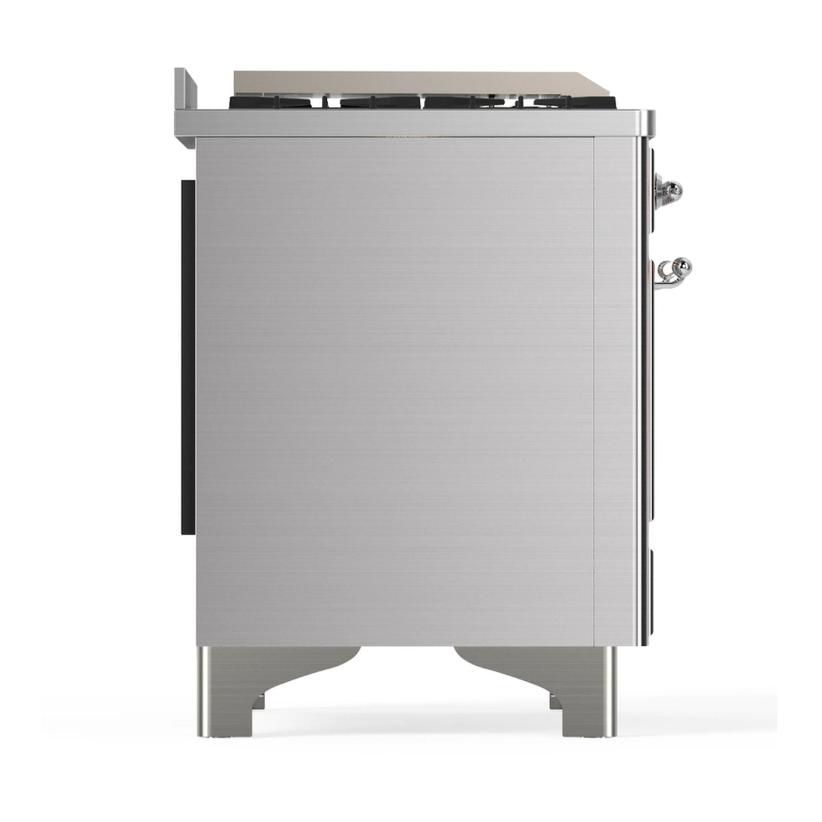 Stainless steel dual fuel range side view with control details and closed back panel