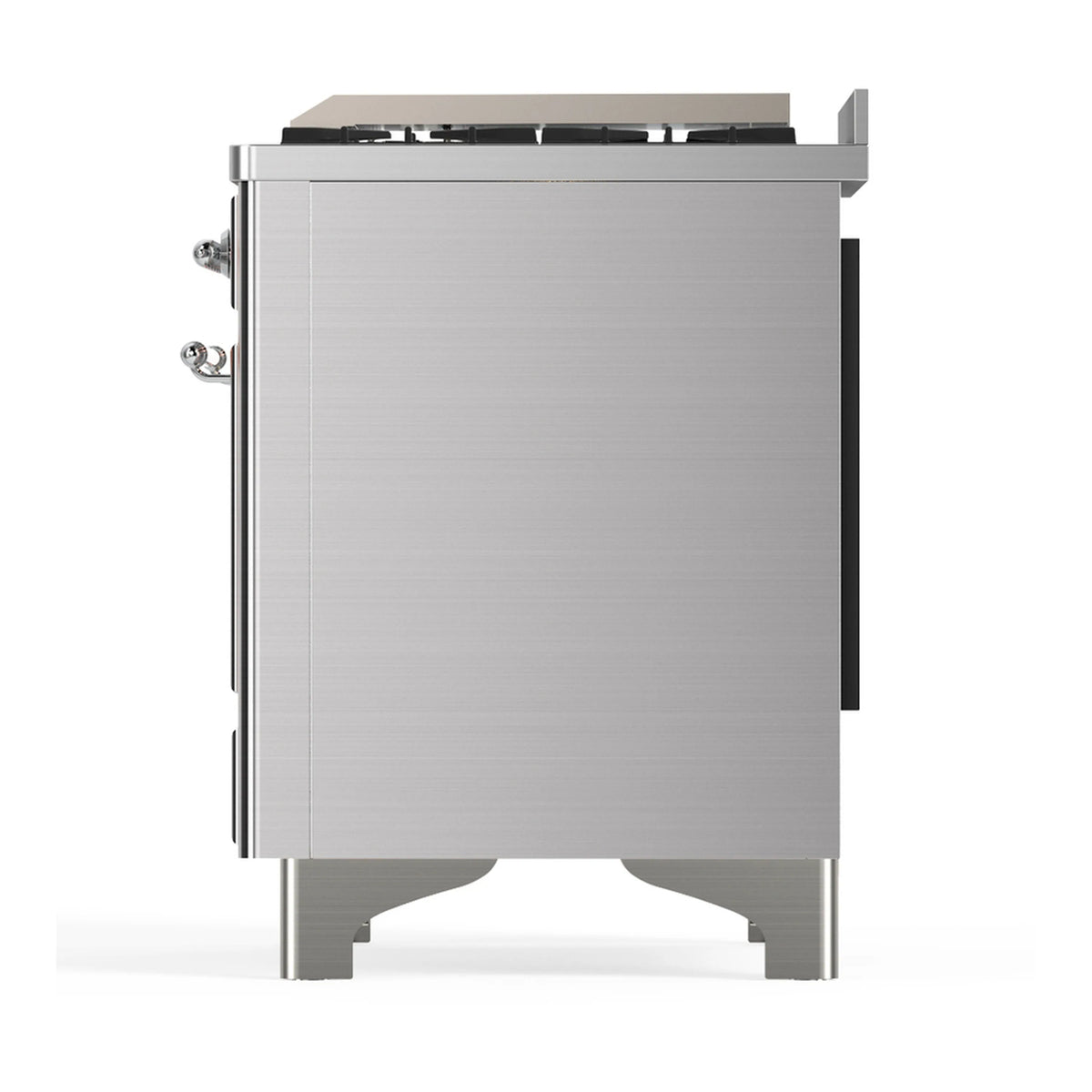 Stainless back panel of dual fuel range with side vents and rear connections