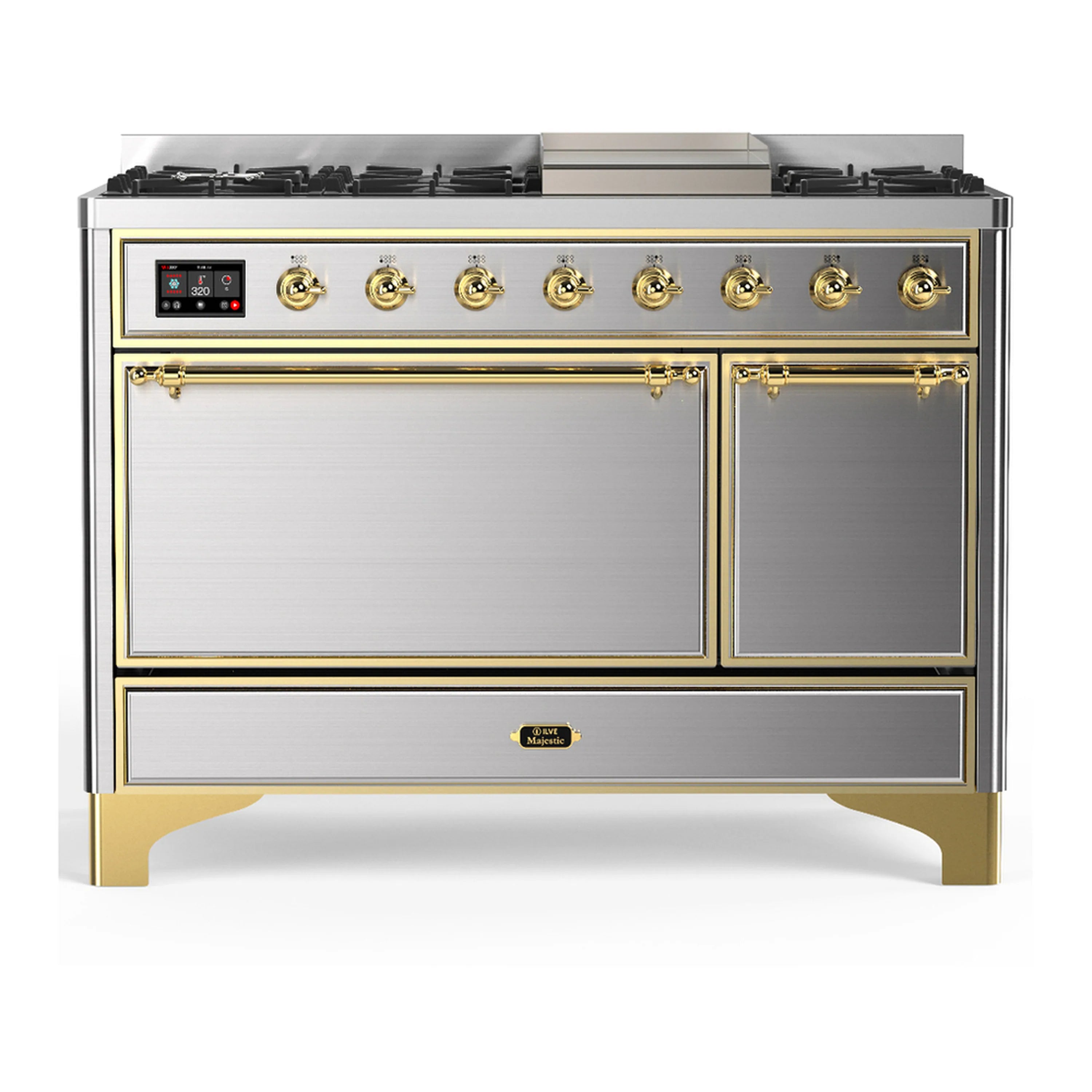 Stainless steel dual fuel range with brass trim, front control panel and two solid doors