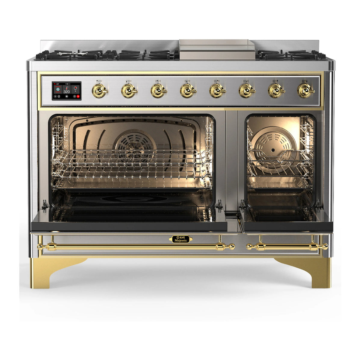 Stainless steel dual fuel range with brass trim, open double oven doors and exposed racks