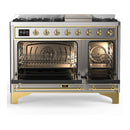 ILVE Majestic III 48-inch Dual Fuel Range with 5 Liquid Propane Burner, Griddle and Solid Door Electric Oven in Stainless Steel with Brass Trim (UM48FQNR3SSGLP)