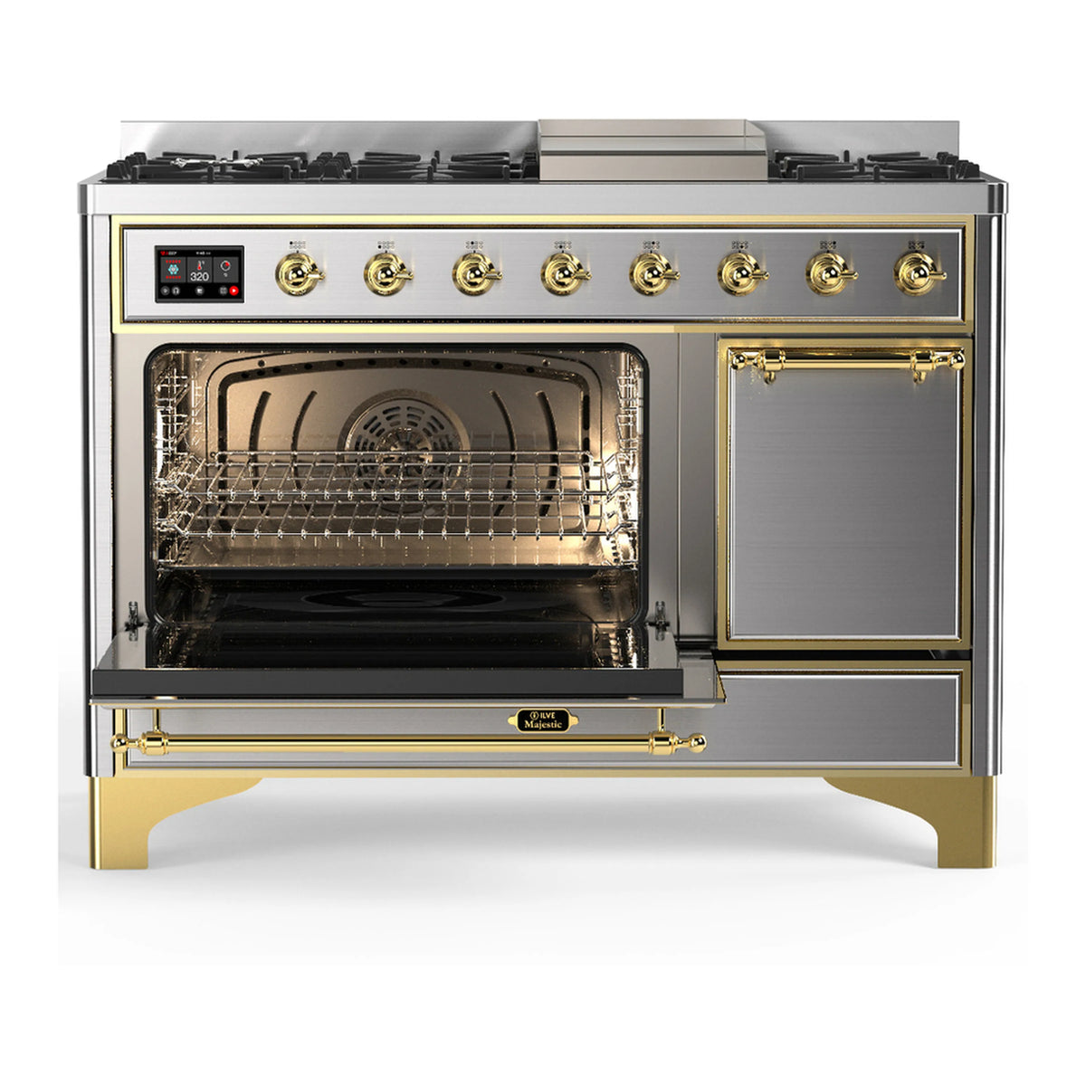Stainless steel dual fuel range with brass trim, open oven door with interior racks