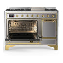 ILVE Majestic III 48-inch Dual Fuel Range with 5 Liquid Propane Burner, Griddle and Solid Door Electric Oven in Stainless Steel with Brass Trim (UM48FQNR3SSGLP)