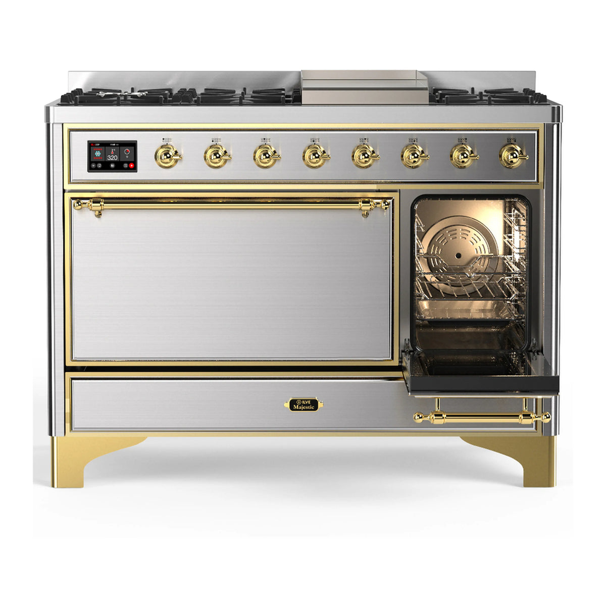 Stainless steel dual fuel range with brass trim, one oven door open showing baking interior
