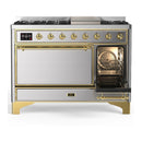 ILVE Majestic III 48-inch Dual Fuel Range with 5 Natural Gas Burner, Griddle and Solid Door Electric Oven in Stainless Steel with Brass Trim (UM48FQNR3SSG)