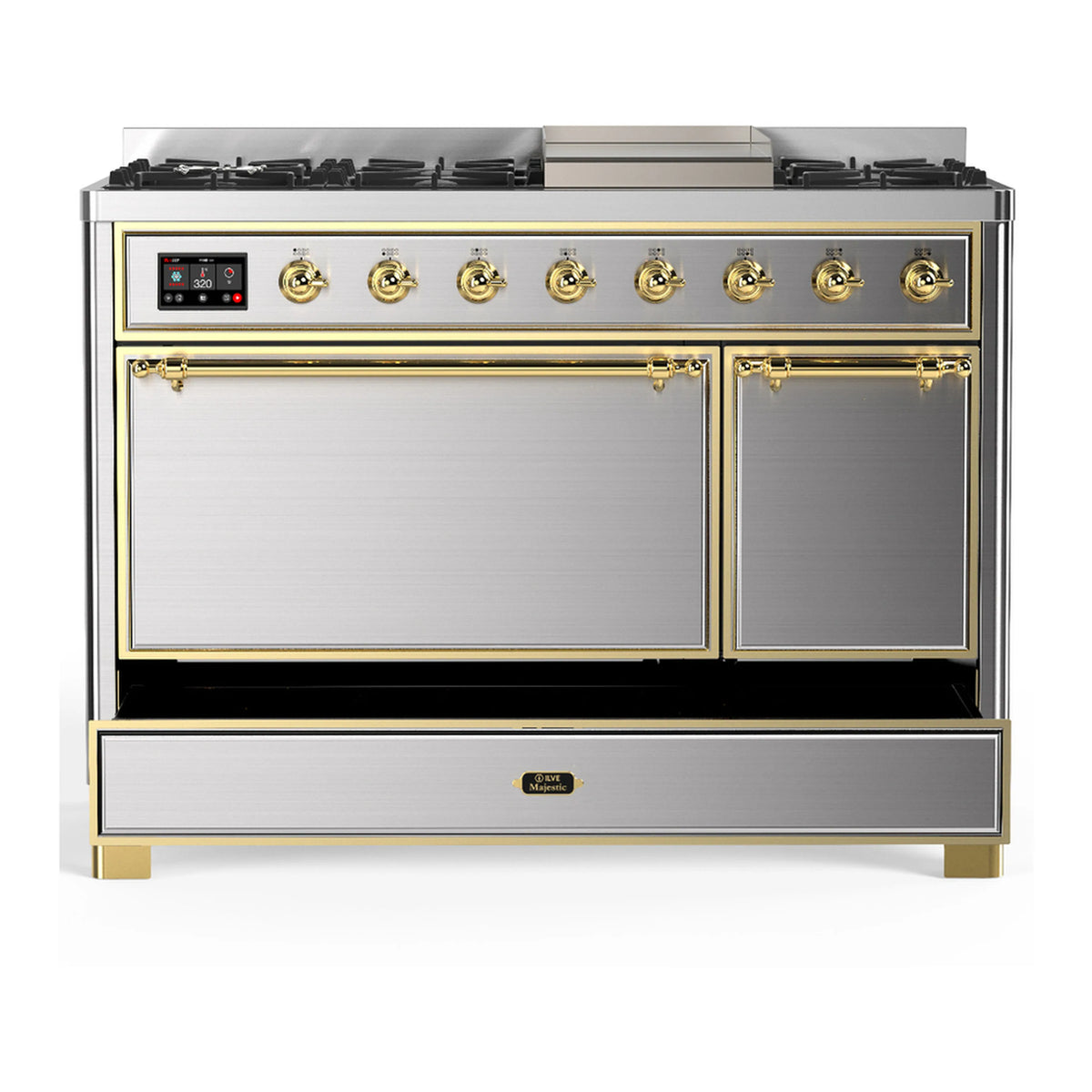 Stainless steel dual fuel range with brass trim, closed oven doors and control panel