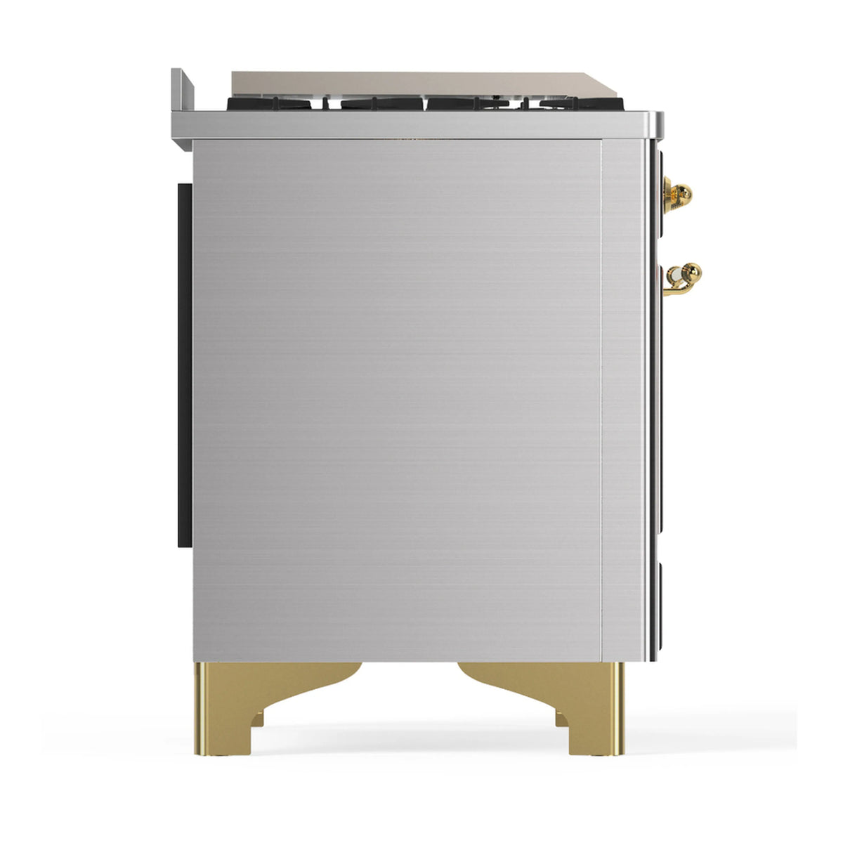 Stainless steel dual fuel range side panel with brass trim feet and side handle