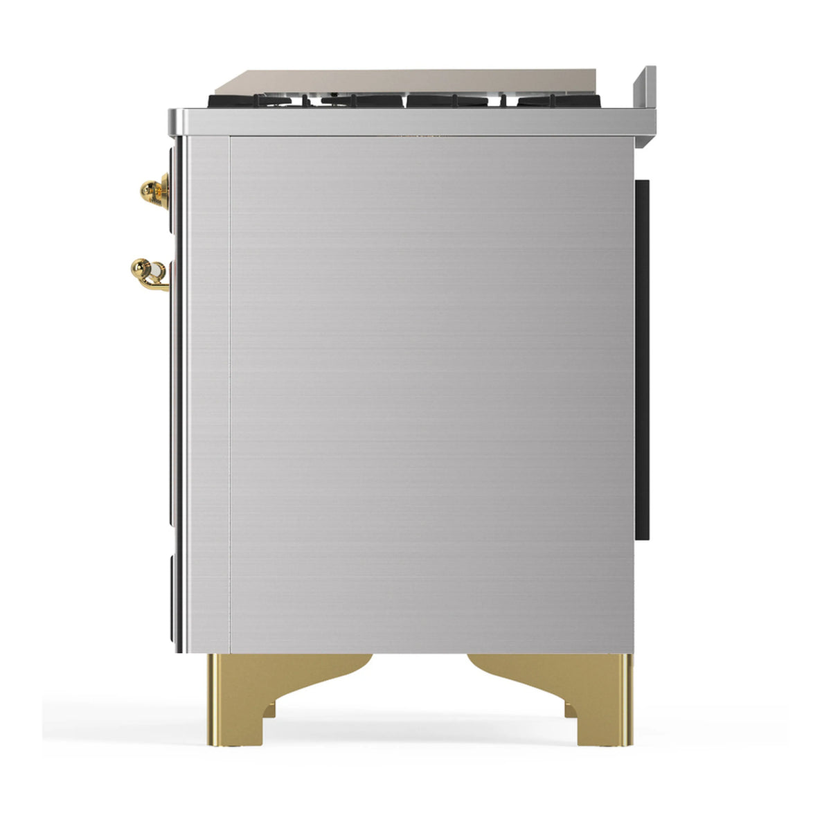 Stainless steel dual fuel range side view with brass-trim feet and side panel handles