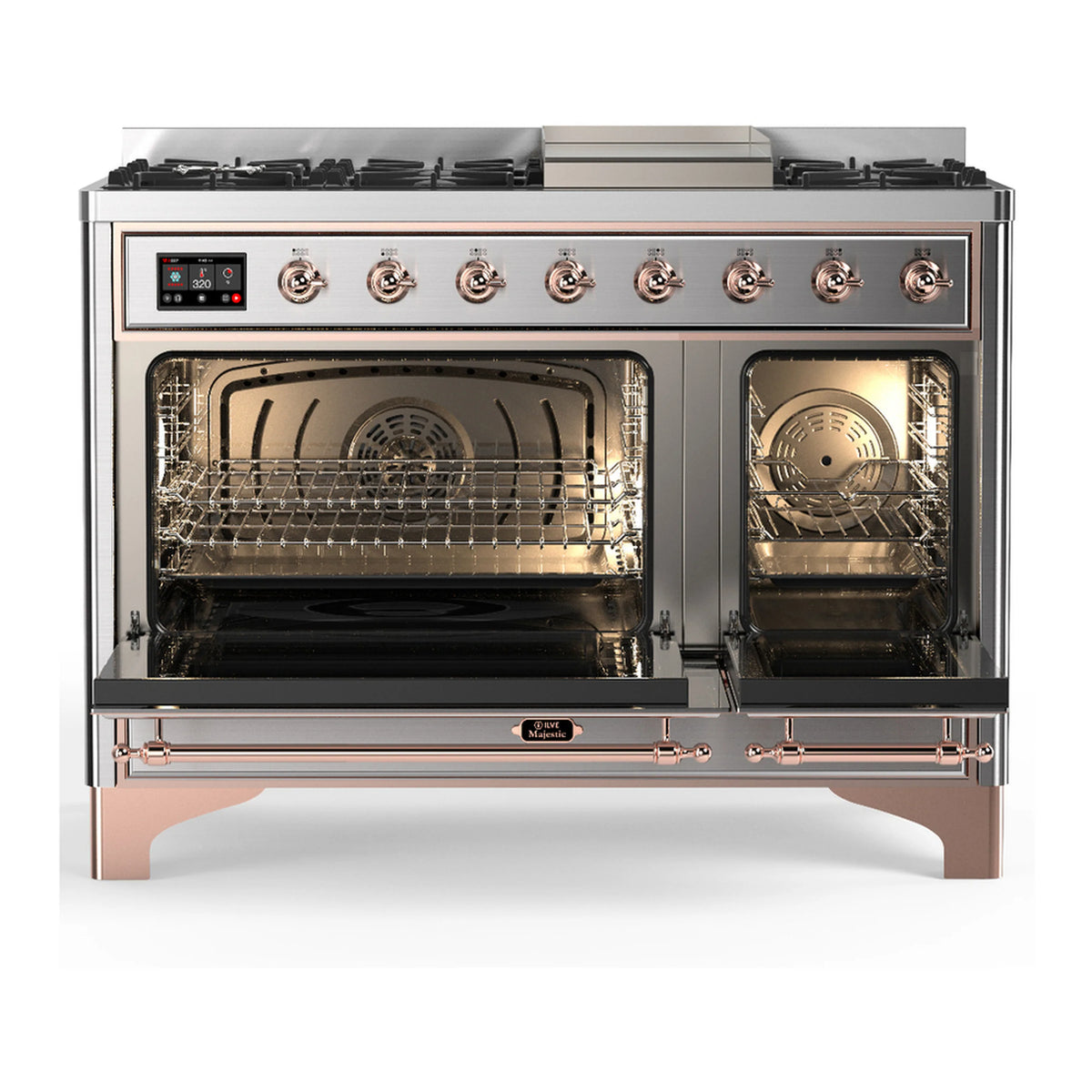 Stainless steel ILVE dual fuel range with copper trim; open ovens with racks and gas griddle area