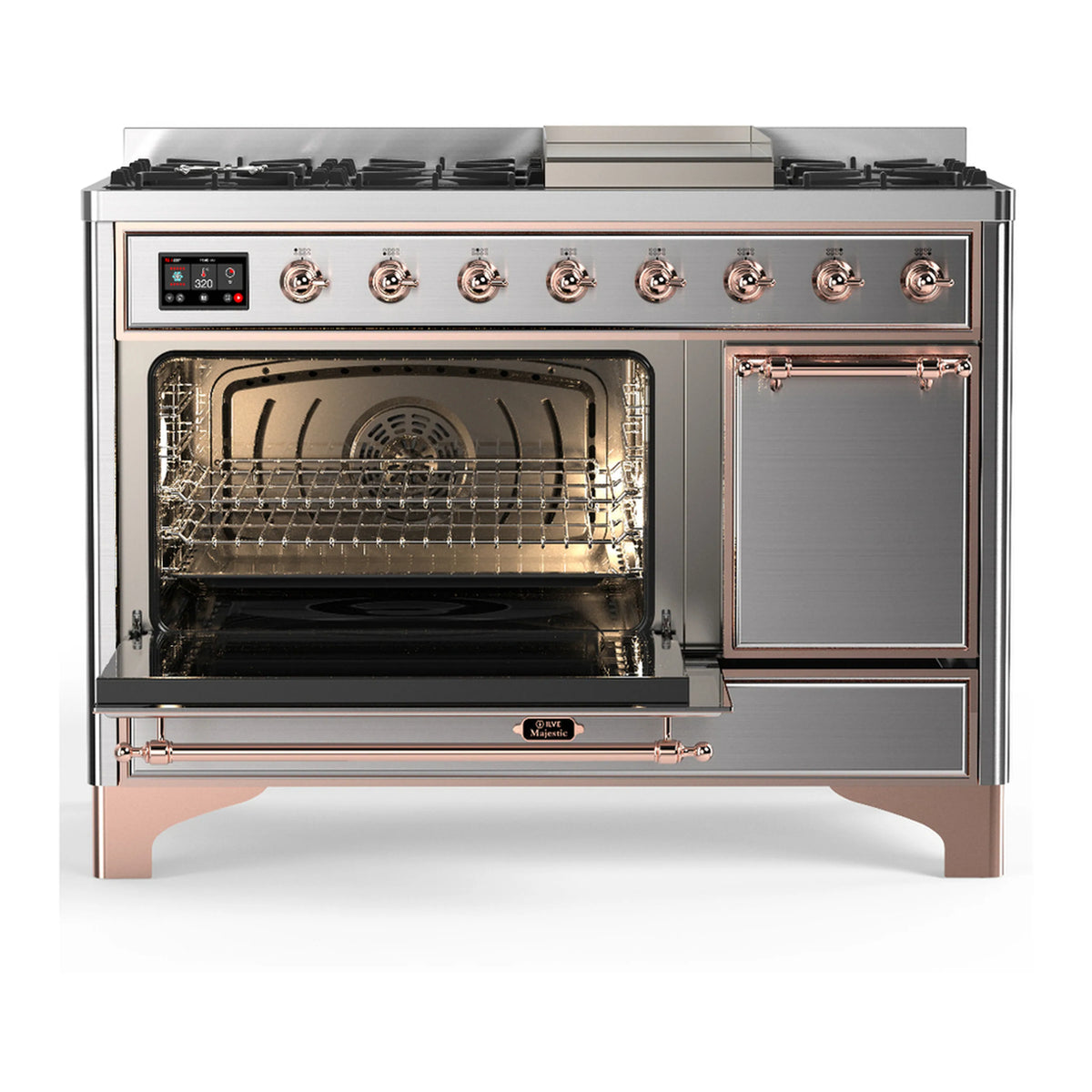 Stainless steel ILVE dual fuel range with copper trim; open main oven with racks and door