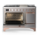 ILVE Majestic III 48-inch Dual Fuel Range with 5 Liquid Propane Burner, Griddle and Solid Door Electric Oven in Stainless Steel with Copper Trim (UM48FQNR3SSPLP)