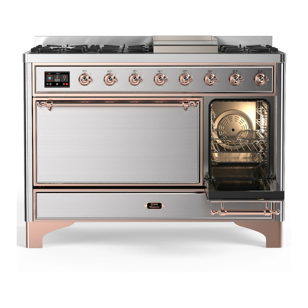 Stainless steel ILVE dual fuel range with copper trim; open right oven and closed left oven door