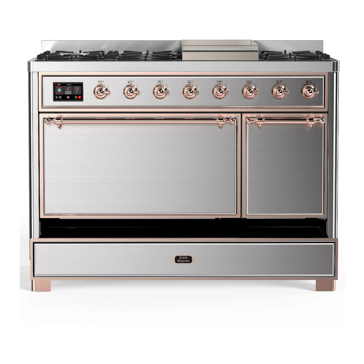 ILVE Majestic III dual fuel range, stainless steel with copper-trim storage drawer and side door