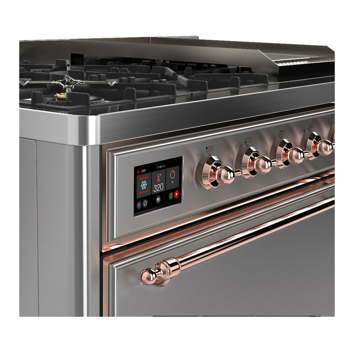 ILVE dual fuel range control panel with digital display, copper-trim edges, and brass knobs