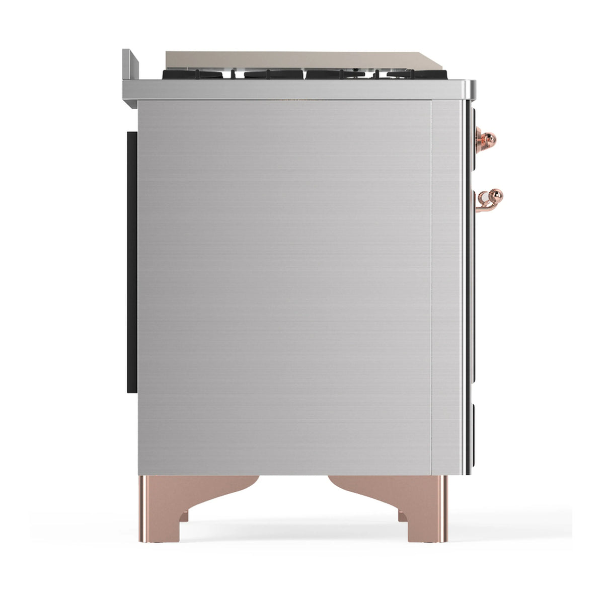 Stainless steel side panel of an ILVE dual fuel range with copper-trim legs