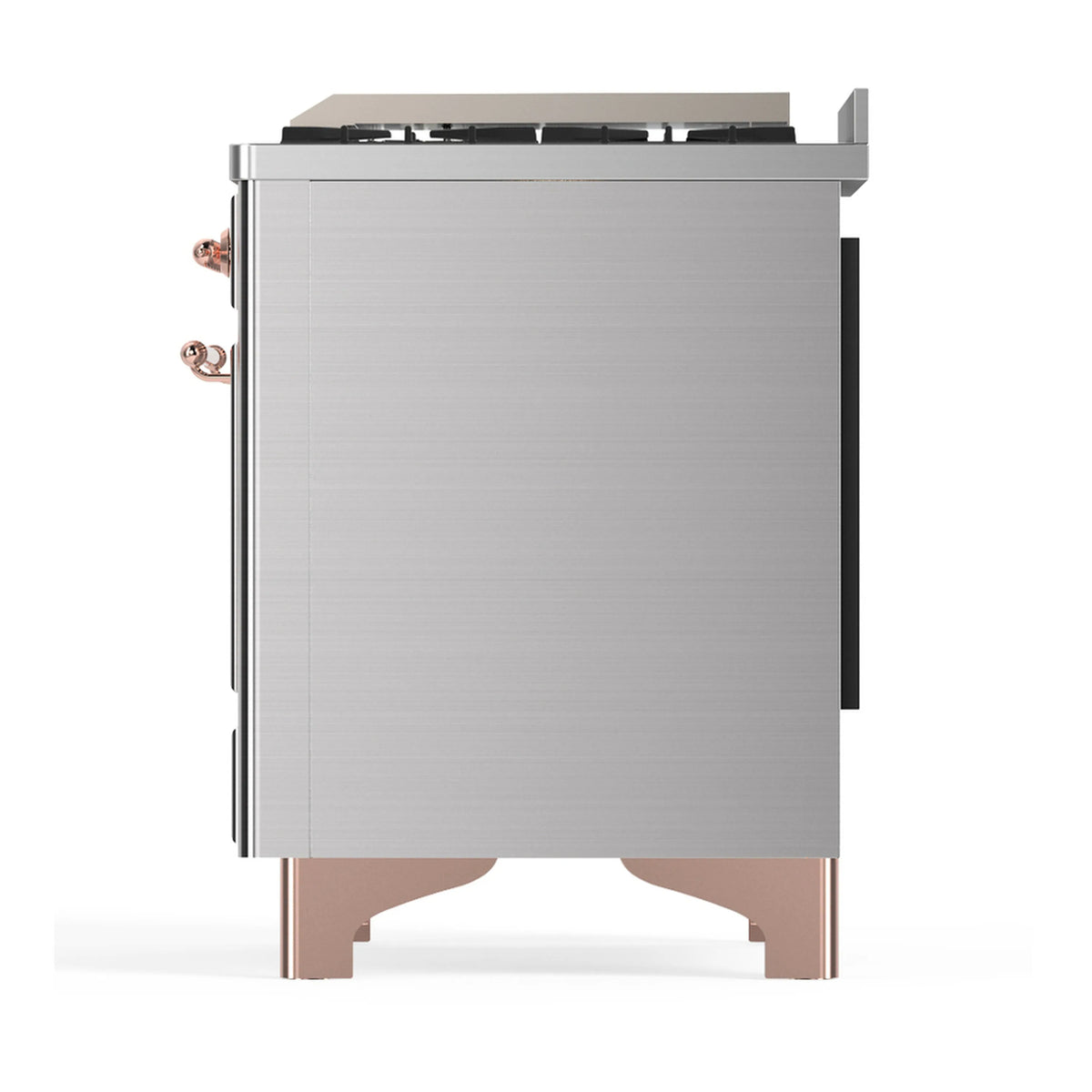 ILVE Majestic III rear side view of stainless steel range with copper-trim legs