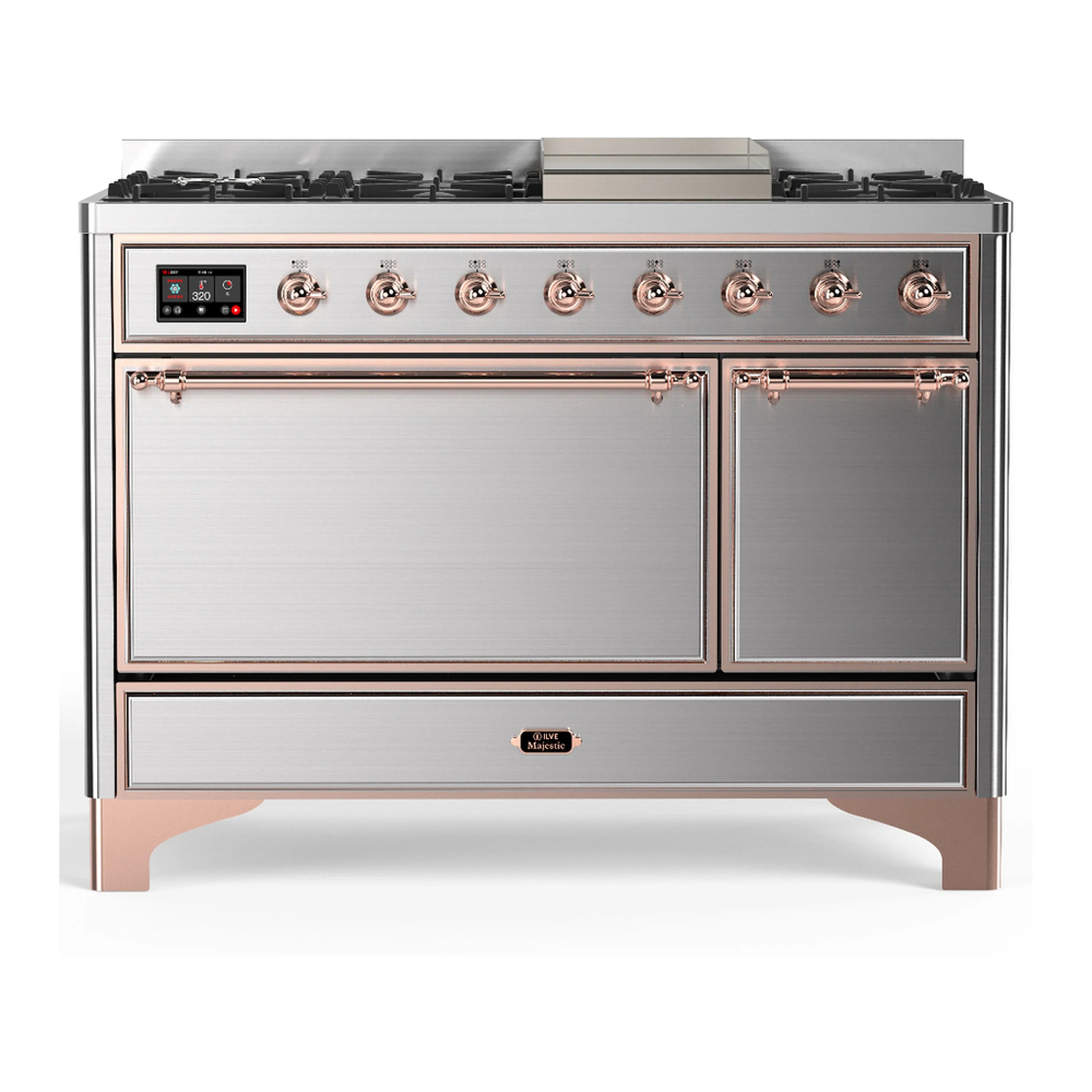 ILVE Majestic III dual fuel range, stainless steel with copper-trim knobs and burner grates
