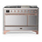 ILVE Majestic III 48-inch Dual Fuel Range with 5 Liquid Propane Burner, Griddle and Solid Door Electric Oven in Stainless Steel with Copper Trim (UM48FQNR3SSPLP)