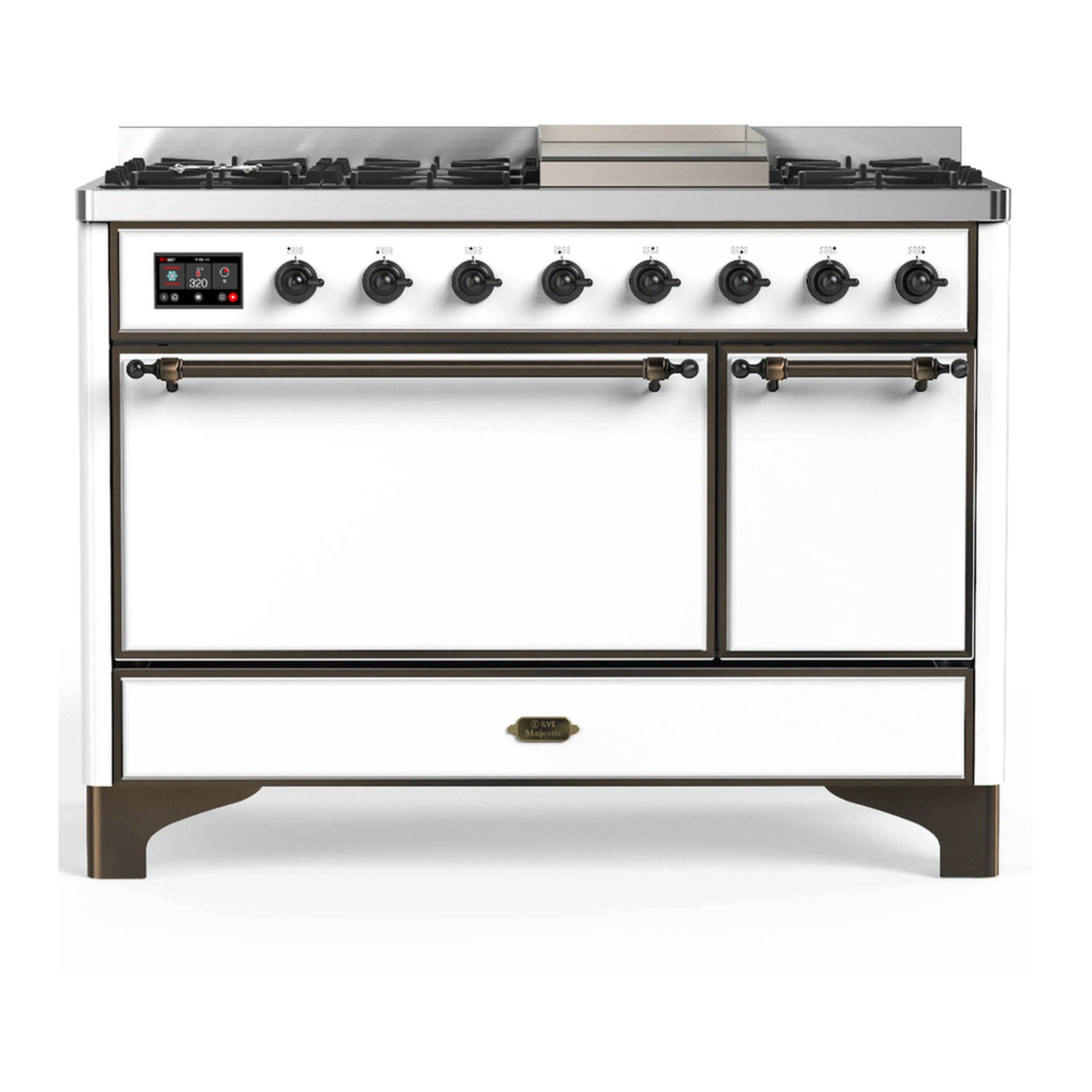 White dual fuel range front view with two burner sections and large oven doors