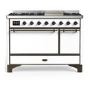 ILVE Majestic III 48-inch Dual Fuel Range with 5 Natural Gas Burner, Griddle and Solid Door Electric Oven in White with Burnished Trim (UM48FQNR3WHB)