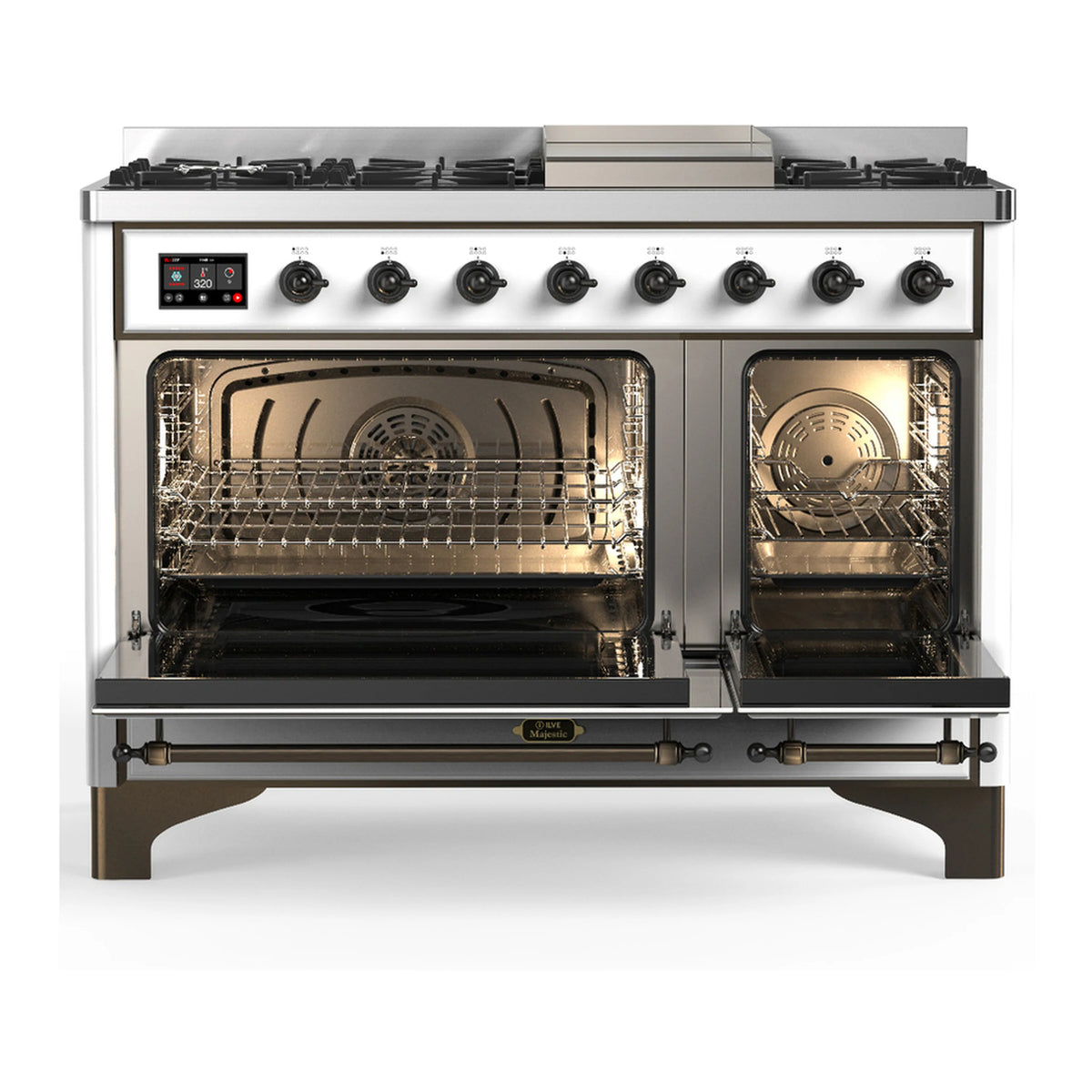 White dual fuel range with both ovens open, showing broiler and warming compartments