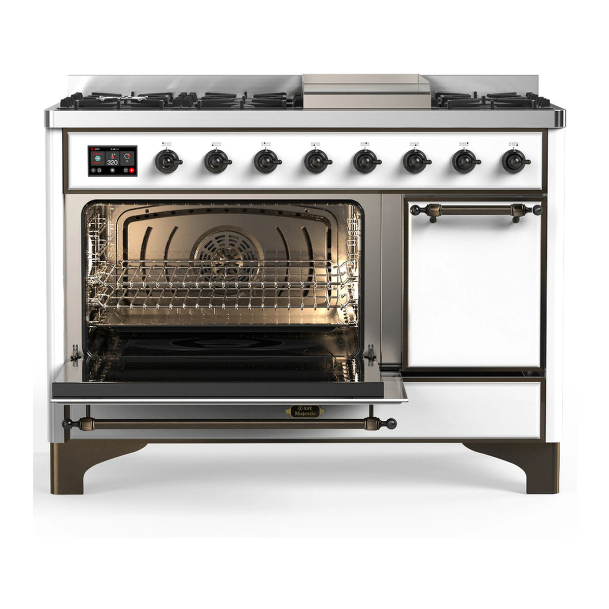 White dual fuel range with open oven door, racks inside, and six burner knobs