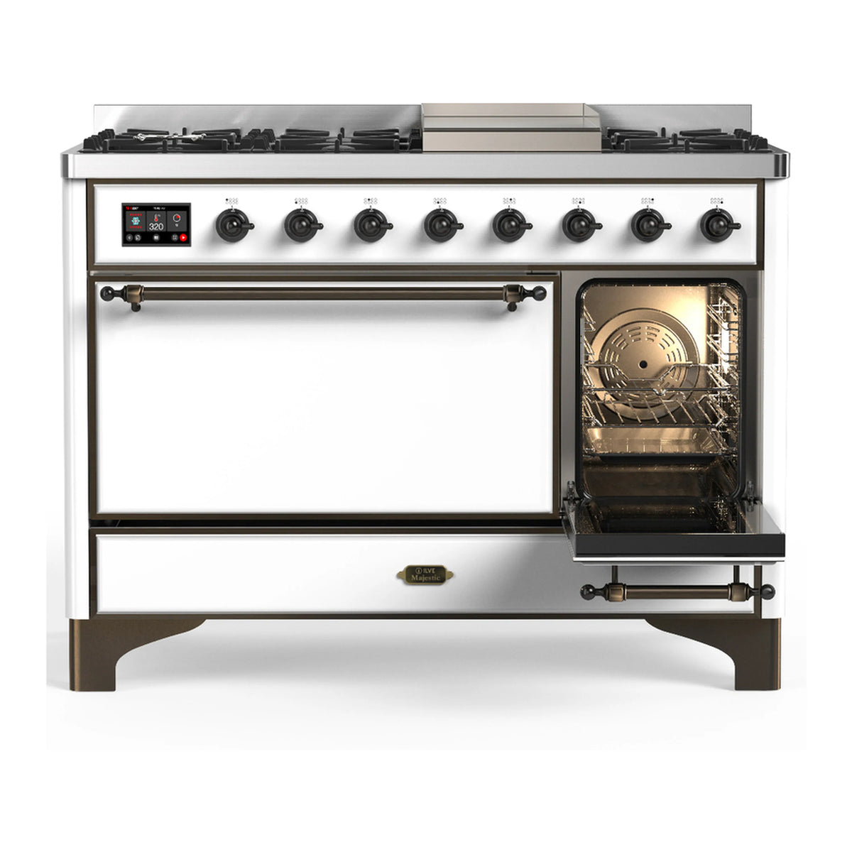 White dual fuel range with oven door open and separate storage drawer below