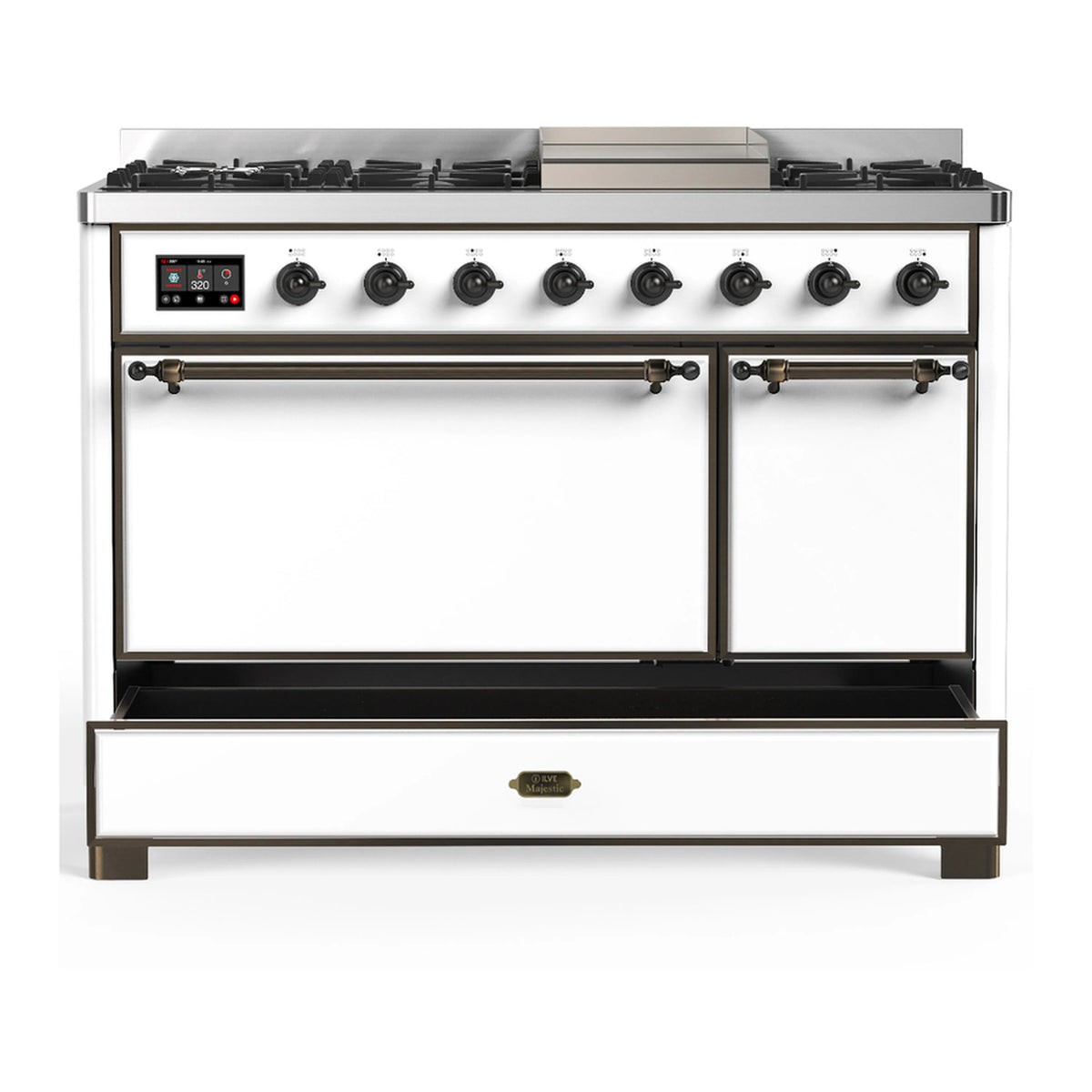 White dual fuel range front view with two closed oven doors and burner control knobs