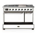 ILVE Majestic III 48-inch Dual Fuel Range with 5 Natural Gas Burner, Griddle and Solid Door Electric Oven in White with Burnished Trim (UM48FQNR3WHB)