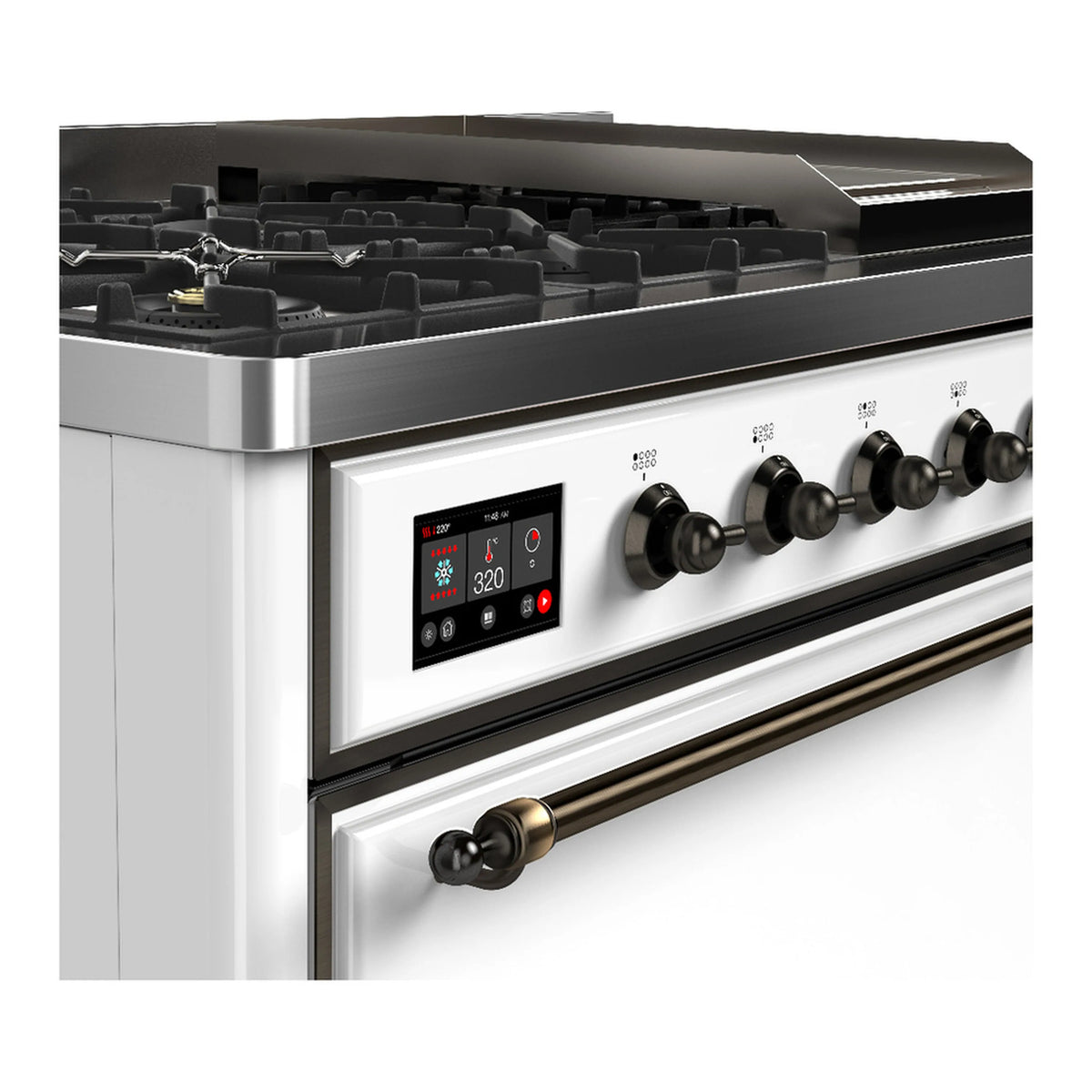White dual fuel range control panel with digital display and black burner knobs