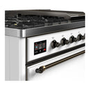 ILVE Majestic III 48-inch Dual Fuel Range with 5 Natural Gas Burner, Griddle and Solid Door Electric Oven in White with Burnished Trim (UM48FQNR3WHB)