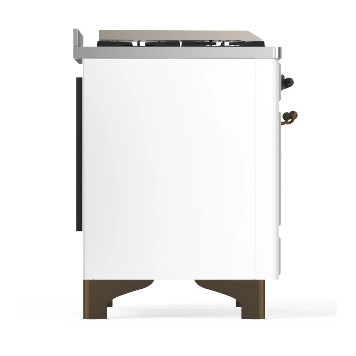 White dual fuel range side panel view with closed door and black handle detail