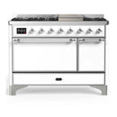 ILVE Majestic III 48-inch Dual Fuel Range with 5 Natural Gas Burner, Griddle and Solid Door Electric Oven in White with Chrome Trim (UM48FQNR3WHC)